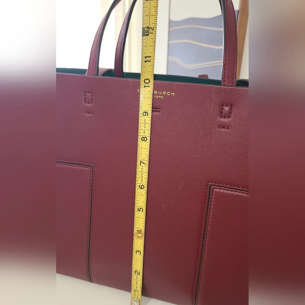 Tory Burch Wine Red Leather Tote with Green Interior - Picture 10 of 12